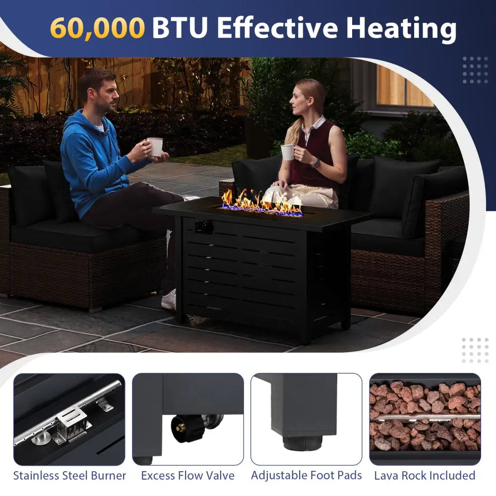 Heavy-duty Frame Rattan Sofa Set with 60000 BTU Firepit Table-Black - Black - Outdoor Sectionals