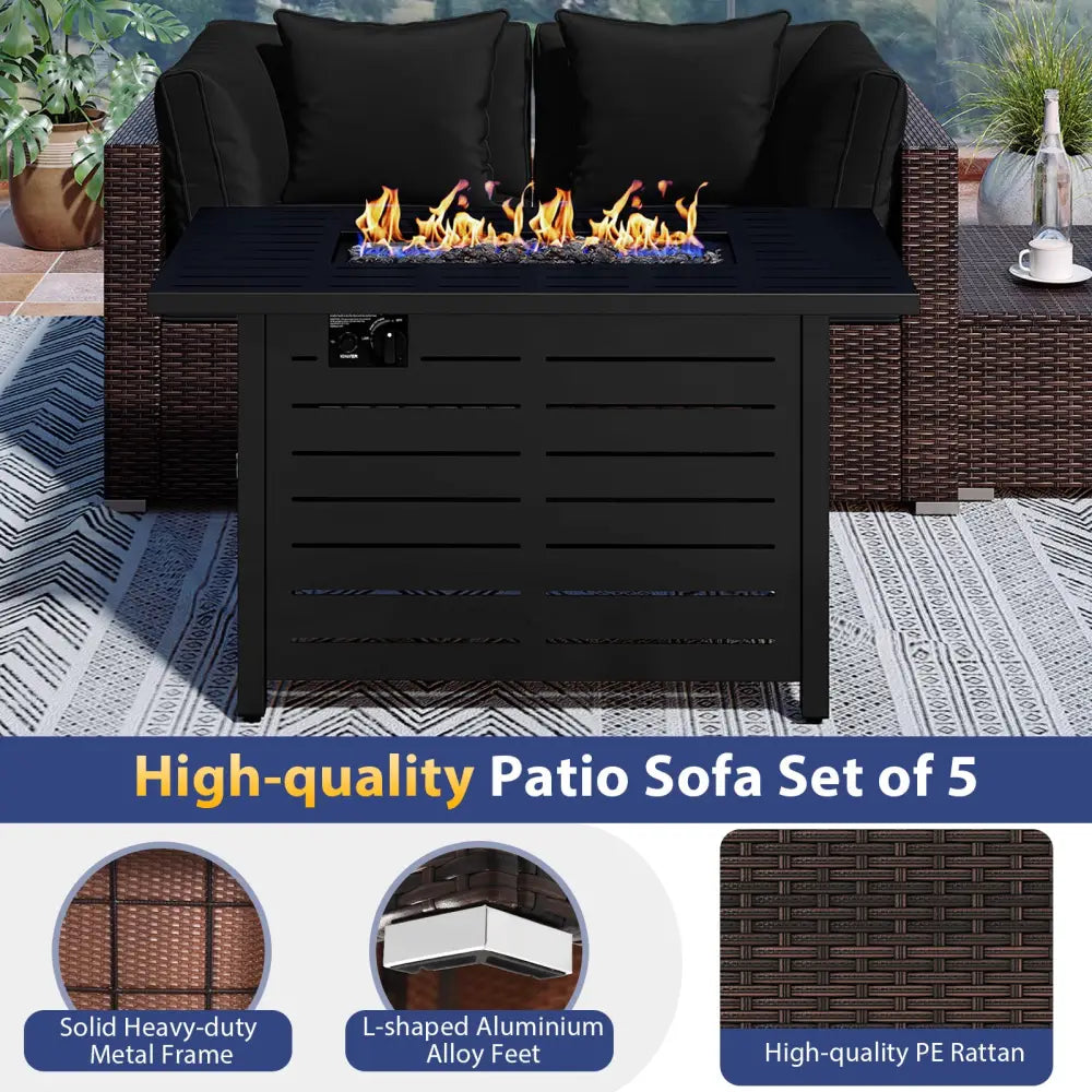 Heavy-duty Frame Rattan Sofa Set with 60000 BTU Firepit Table-Black - Black - Outdoor Sectionals