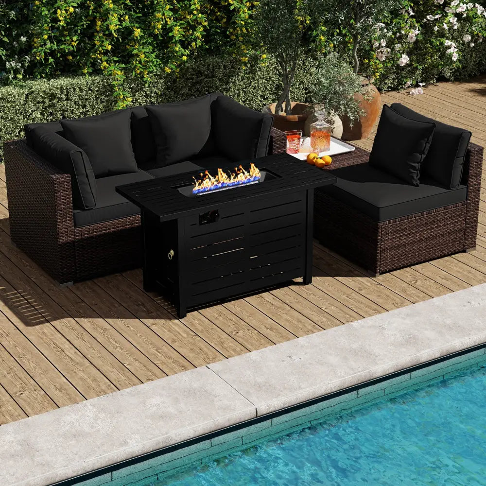 Heavy-duty Frame Rattan Sofa Set with 60000 BTU Firepit Table-Black - Black - Outdoor Sectionals