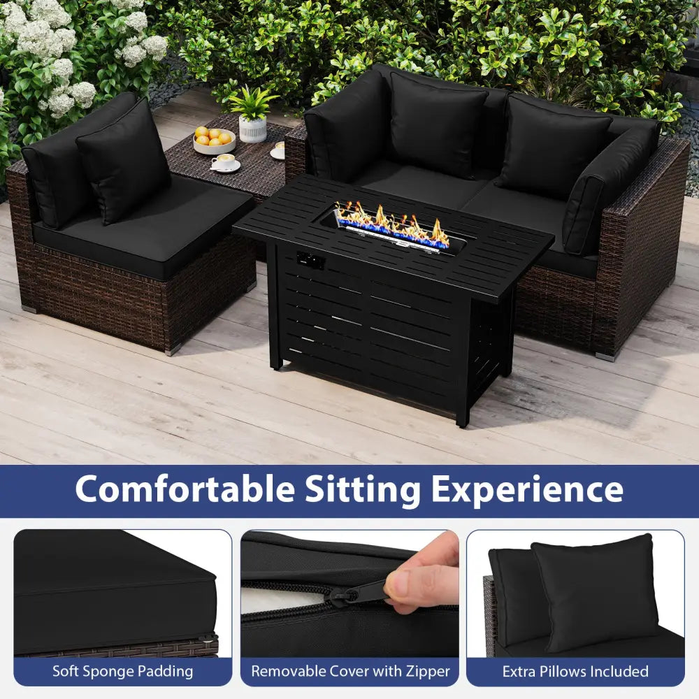 Heavy-duty Frame Rattan Sofa Set with 60000 BTU Firepit Table-Black - Black - Outdoor Sectionals