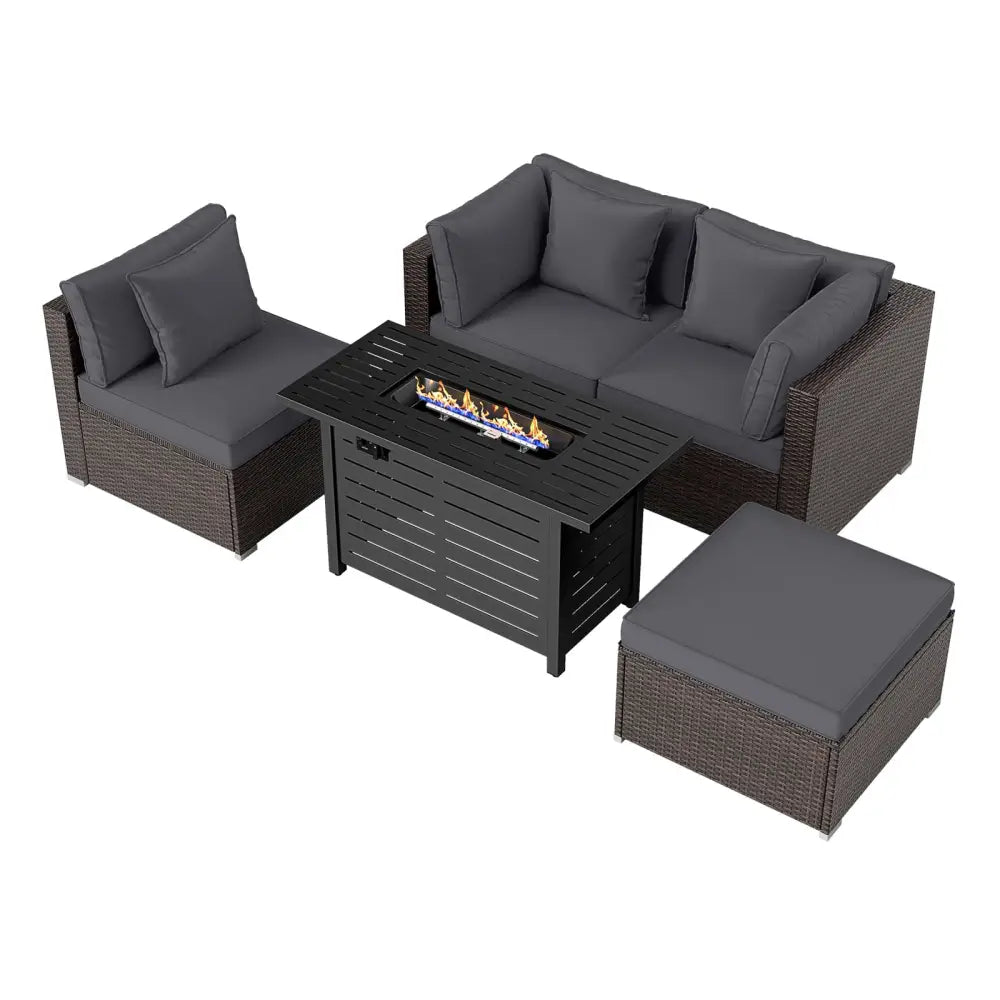 Heavy-duty Frame Rattan Sofa Set with 60000 BTU Firepit Table-Gray - Gray - Outdoor Sectionals