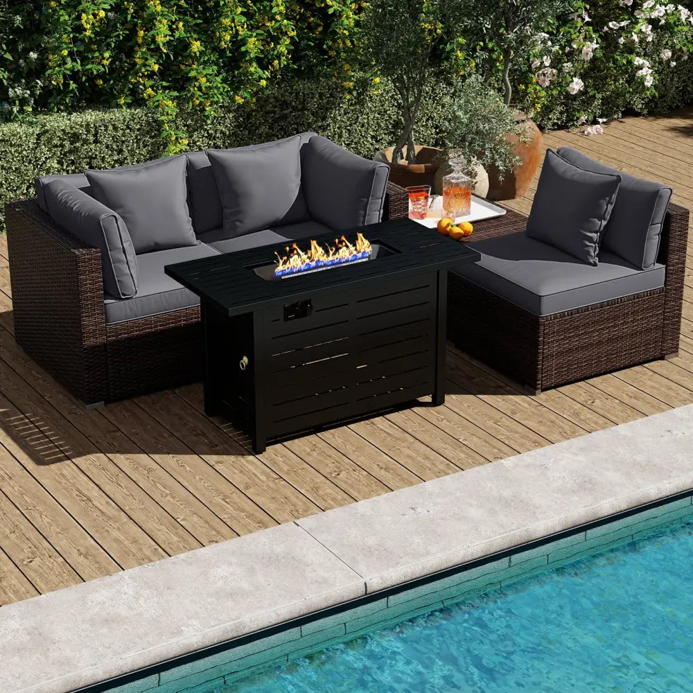 Heavy-duty Frame Rattan Sofa Set with 60000 BTU Firepit Table-Gray - Gray - Outdoor Sectionals