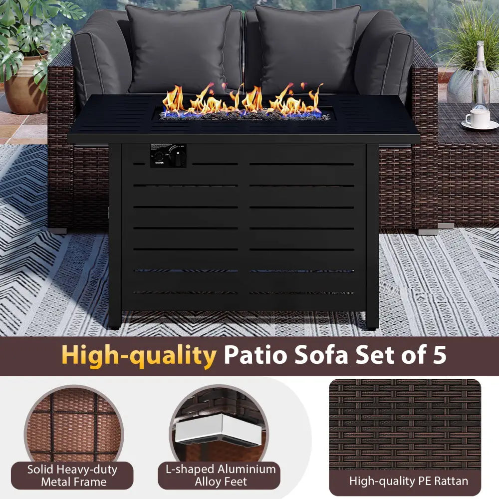 Heavy-duty Frame Rattan Sofa Set with 60000 BTU Firepit Table-Gray - Gray - Outdoor Sectionals