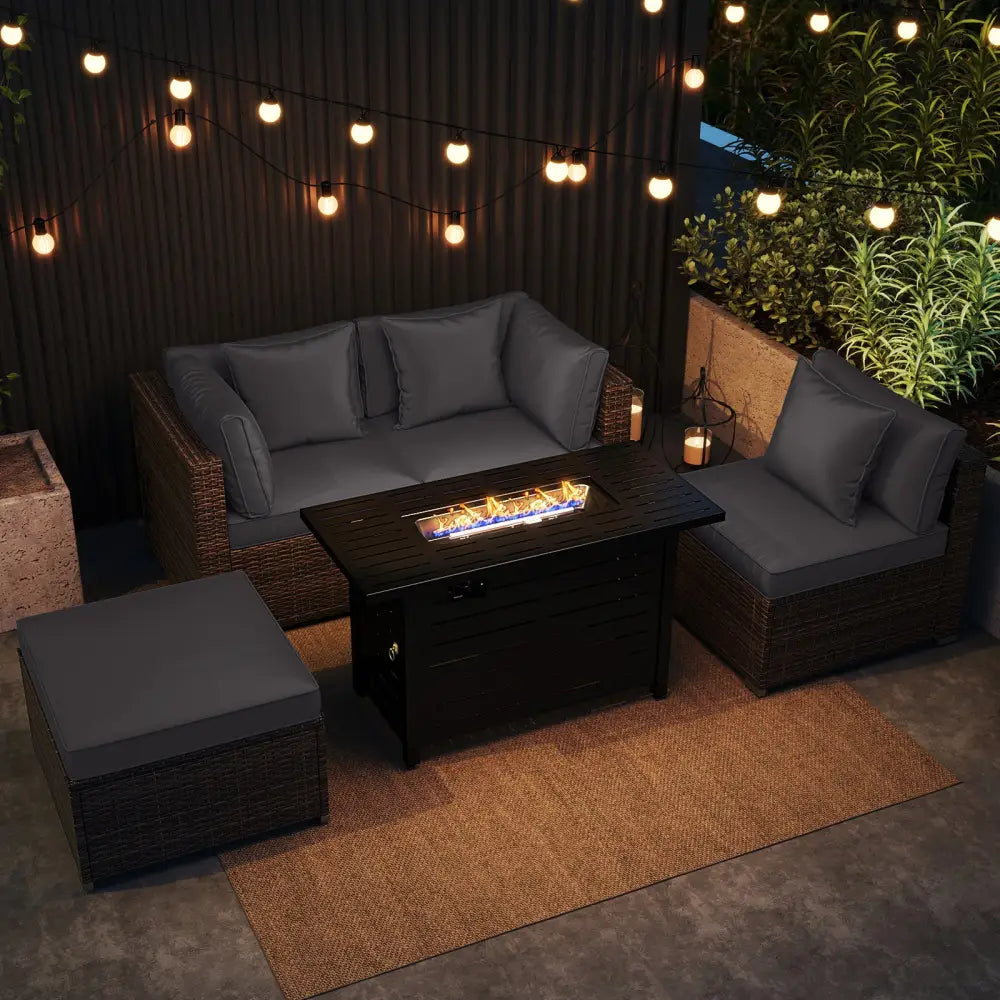 Heavy-duty Frame Rattan Sofa Set with 60000 BTU Firepit Table-Gray - Gray - Outdoor Sectionals