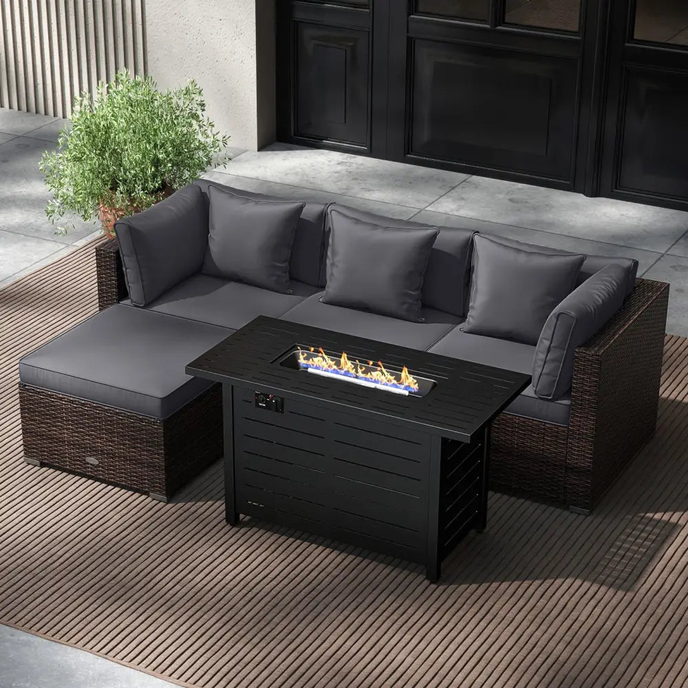 Heavy-duty Frame Rattan Sofa Set with 60000 BTU Firepit Table-Gray - Gray - Outdoor Sectionals