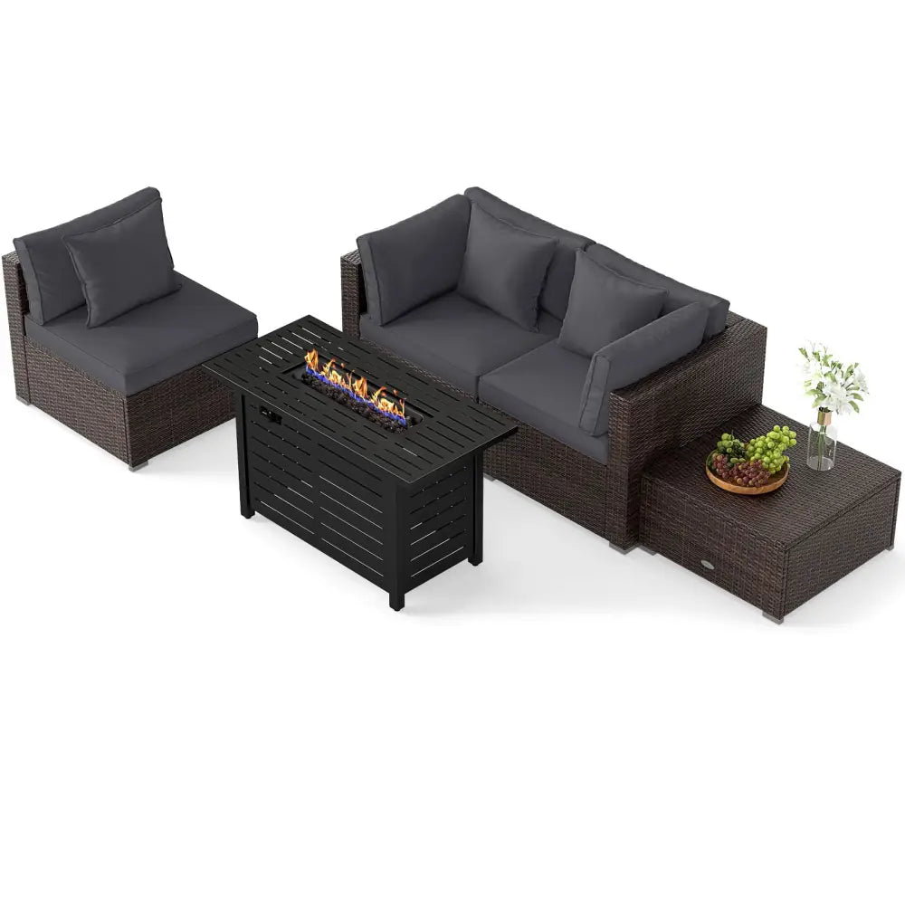 Heavy-duty Frame Rattan Sofa Set with 60000 BTU Firepit Table-Gray - Gray - Outdoor Sectionals