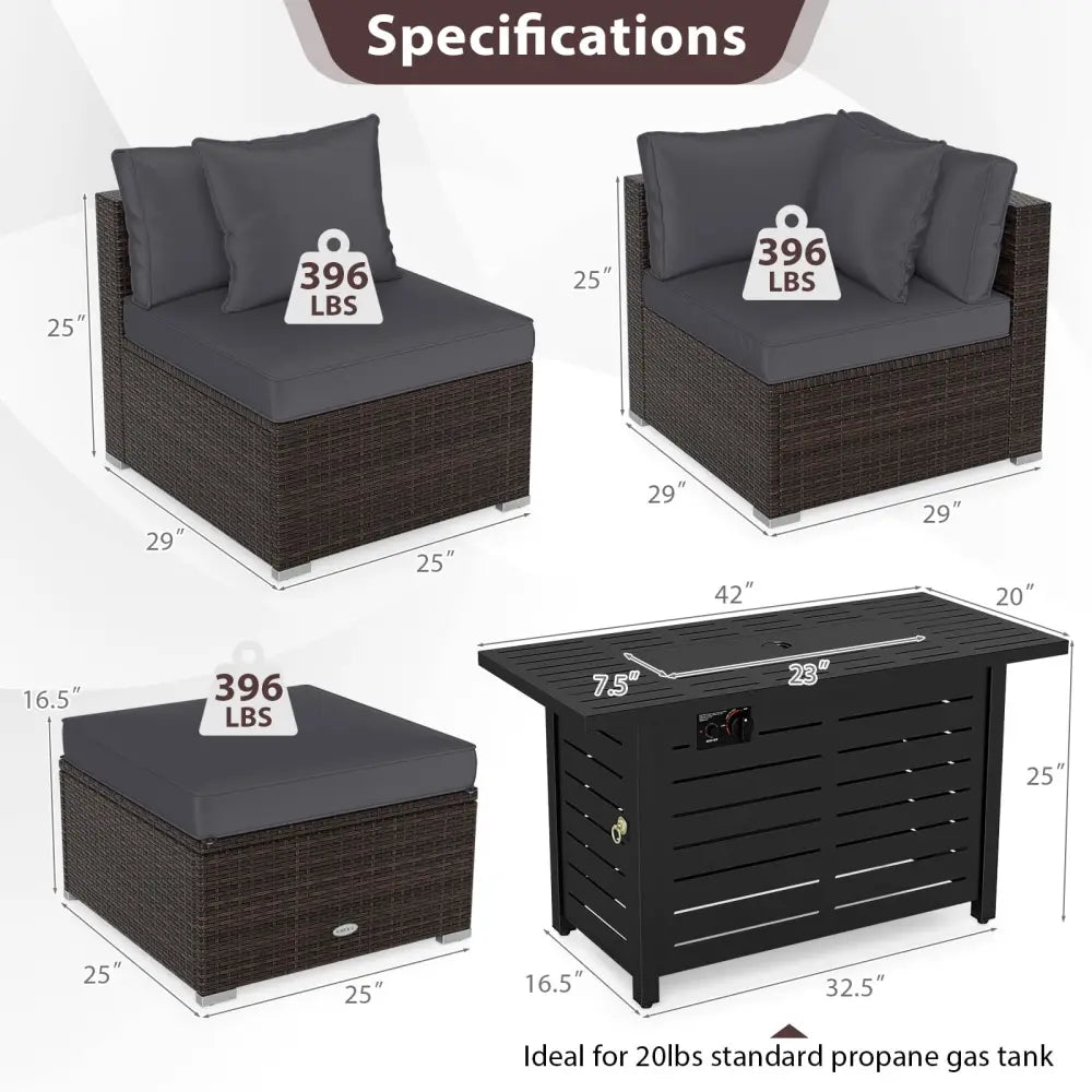 Heavy-duty Frame Rattan Sofa Set with 60000 BTU Firepit Table-Gray - Gray - Outdoor Sectionals
