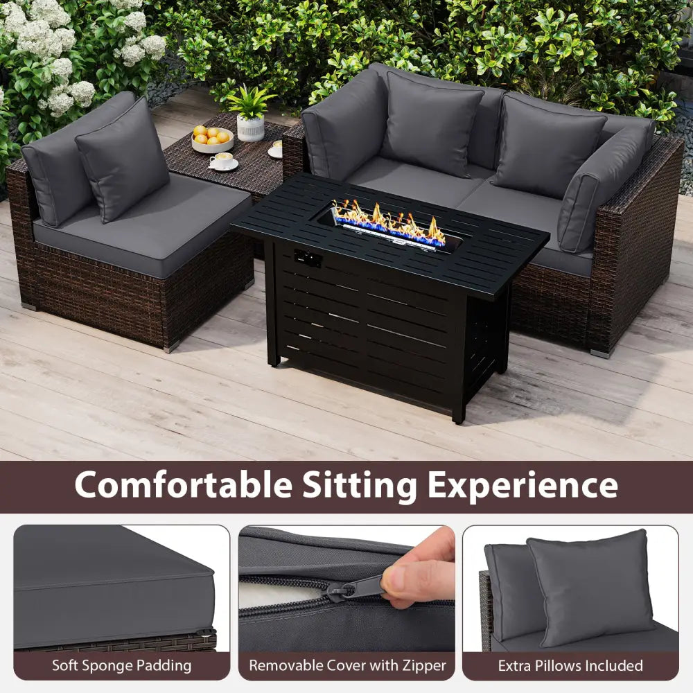 Heavy-duty Frame Rattan Sofa Set with 60000 BTU Firepit Table-Gray - Gray - Outdoor Sectionals