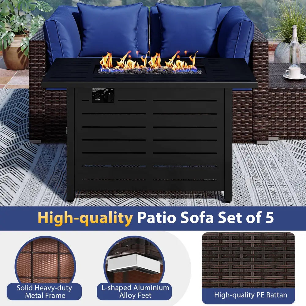 Heavy-duty Frame Rattan Sofa Set with 60000 BTU Firepit Table-Navy - Navy - Outdoor Sectionals