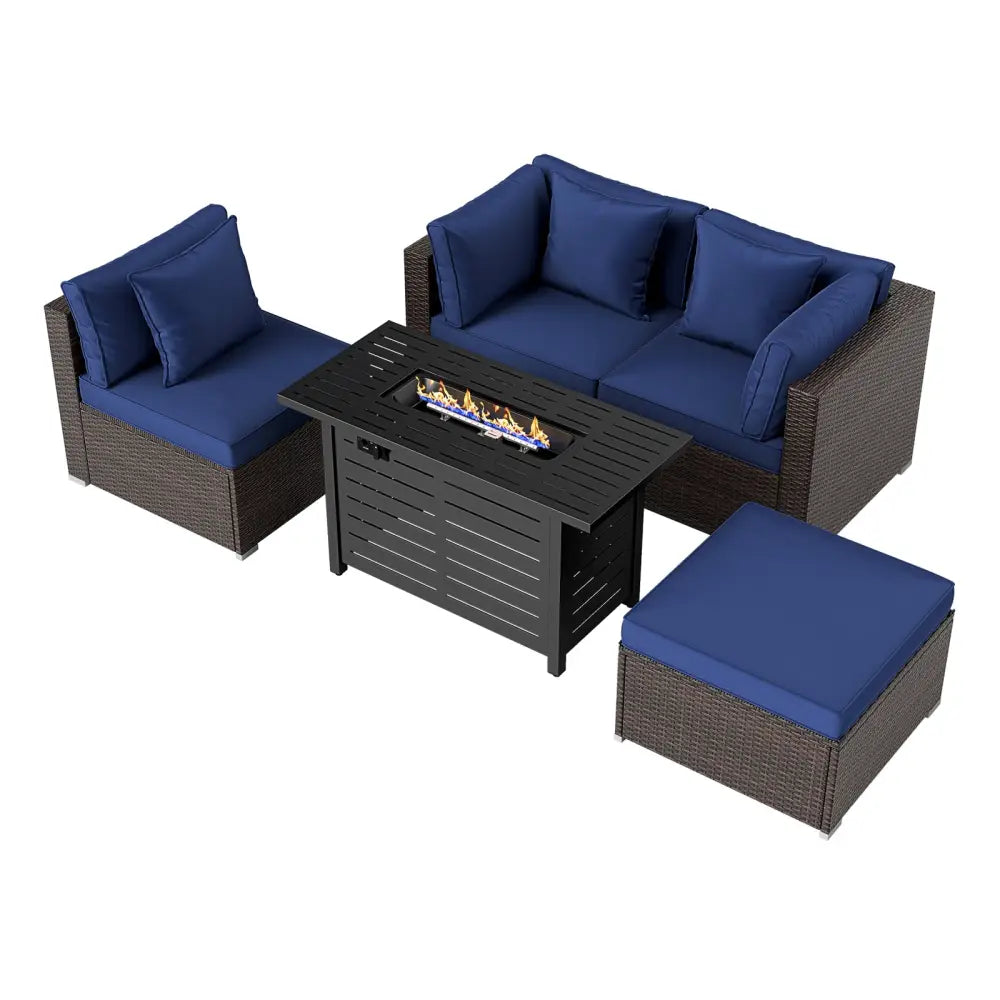 Heavy-duty Frame Rattan Sofa Set with 60000 BTU Firepit Table-Navy - Navy - Outdoor Sectionals