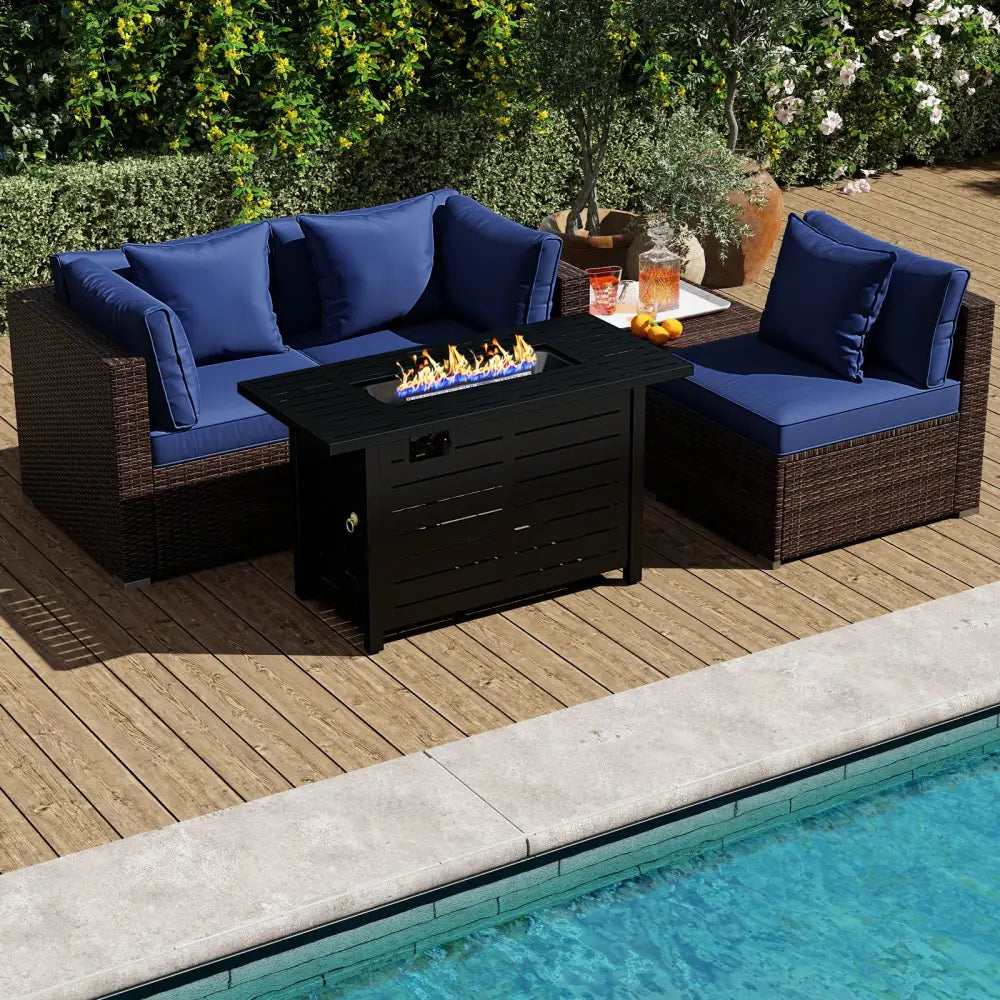 Heavy-duty Frame Rattan Sofa Set with 60000 BTU Firepit Table-Navy - Navy - Outdoor Sectionals