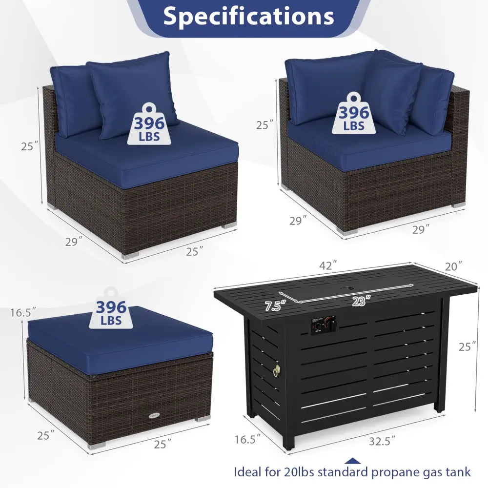 Heavy-duty Frame Rattan Sofa Set with 60000 BTU Firepit Table-Navy - Navy - Outdoor Sectionals