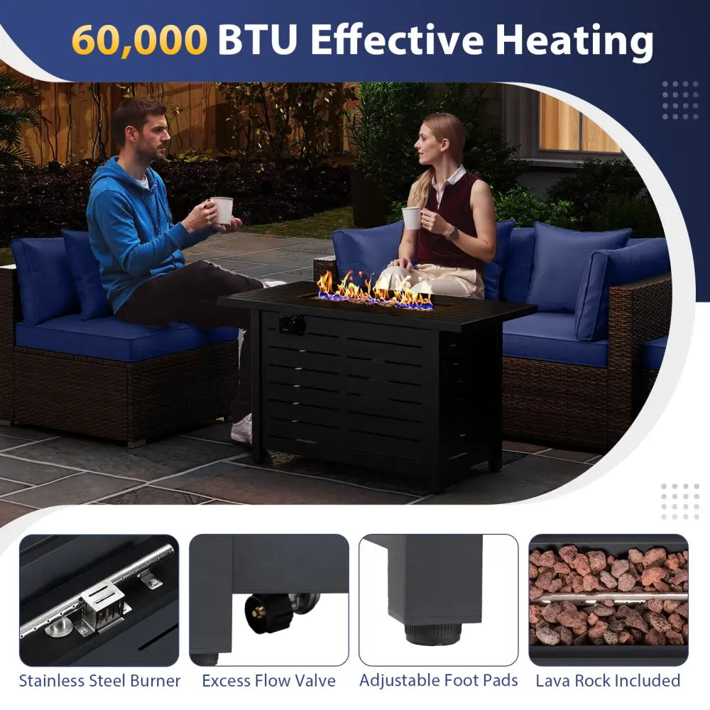 Heavy-duty Frame Rattan Sofa Set with 60000 BTU Firepit Table-Navy - Navy - Outdoor Sectionals