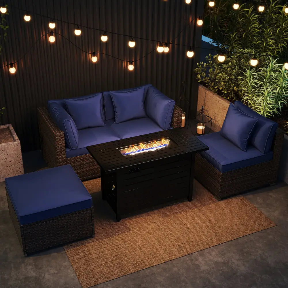 Heavy-duty Frame Rattan Sofa Set with 60000 BTU Firepit Table-Navy - Navy - Outdoor Sectionals