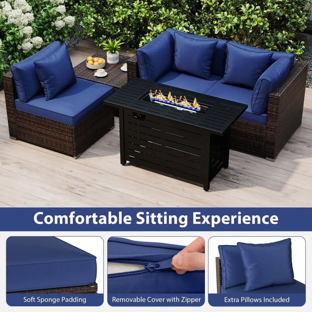 Heavy-duty Frame Rattan Sofa Set with 60000 BTU Firepit Table-Navy - Navy - Outdoor Sectionals