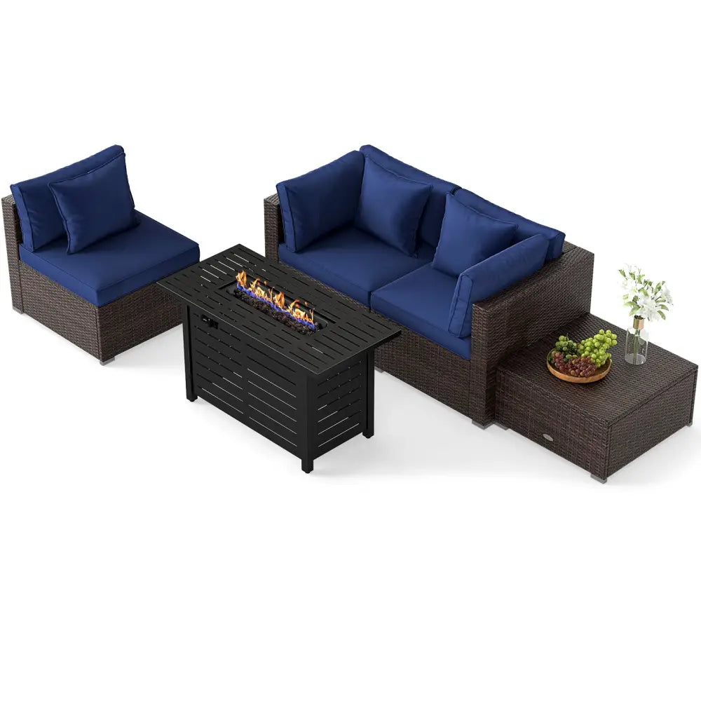 Heavy-duty Frame Rattan Sofa Set with 60000 BTU Firepit Table-Navy - Navy - Outdoor Sectionals