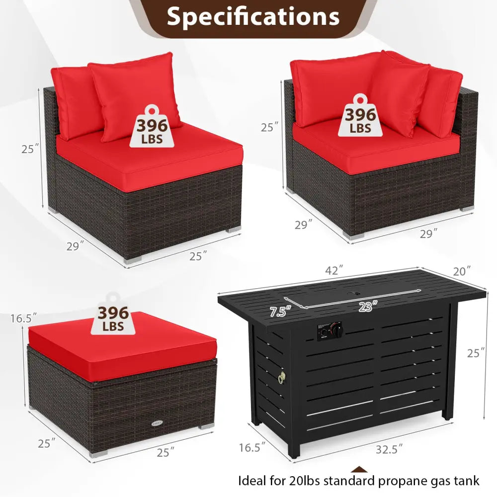 Heavy-duty Frame Rattan Sofa Set with 60000 BTU Firepit Table-Red - Red - Outdoor Sectionals