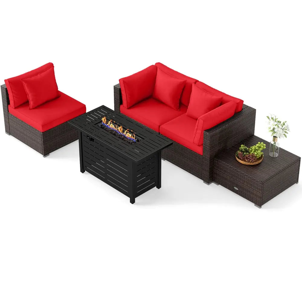 Heavy-duty Frame Rattan Sofa Set with 60000 BTU Firepit Table-Red - Red - Outdoor Sectionals