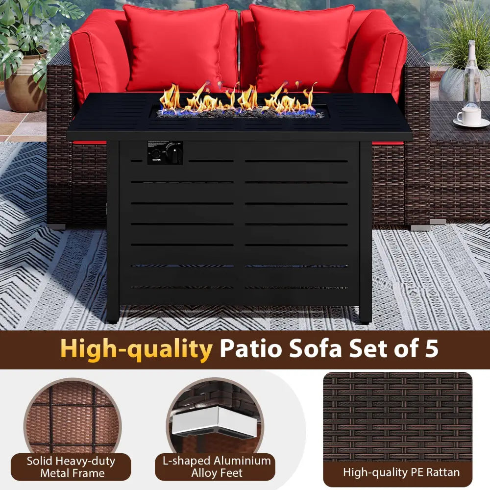 Heavy-duty Frame Rattan Sofa Set with 60000 BTU Firepit Table-Red - Red - Outdoor Sectionals