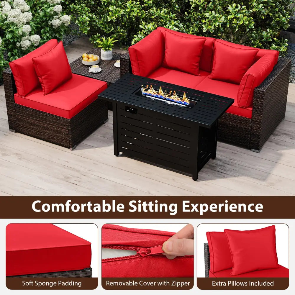 Heavy-duty Frame Rattan Sofa Set with 60000 BTU Firepit Table-Red - Red - Outdoor Sectionals