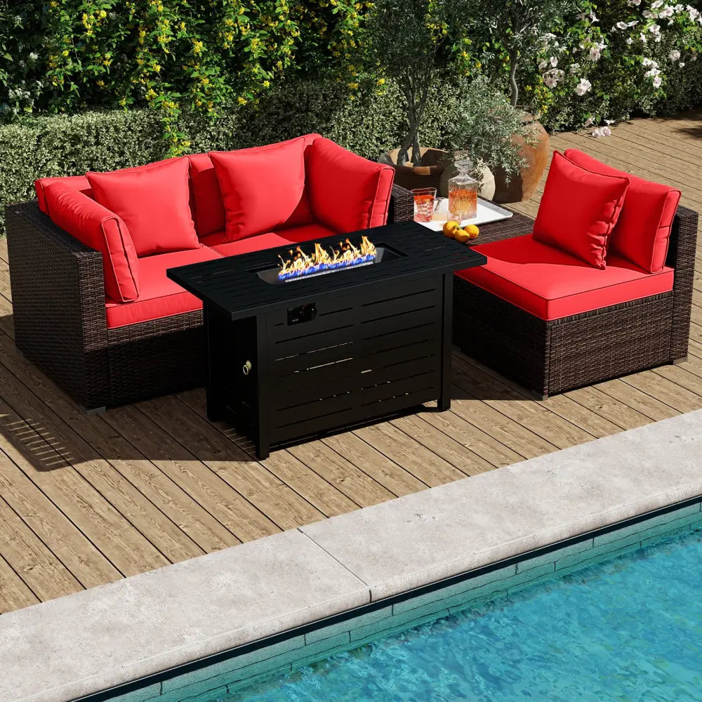 Heavy-duty Frame Rattan Sofa Set with 60000 BTU Firepit Table-Red - Red - Outdoor Sectionals