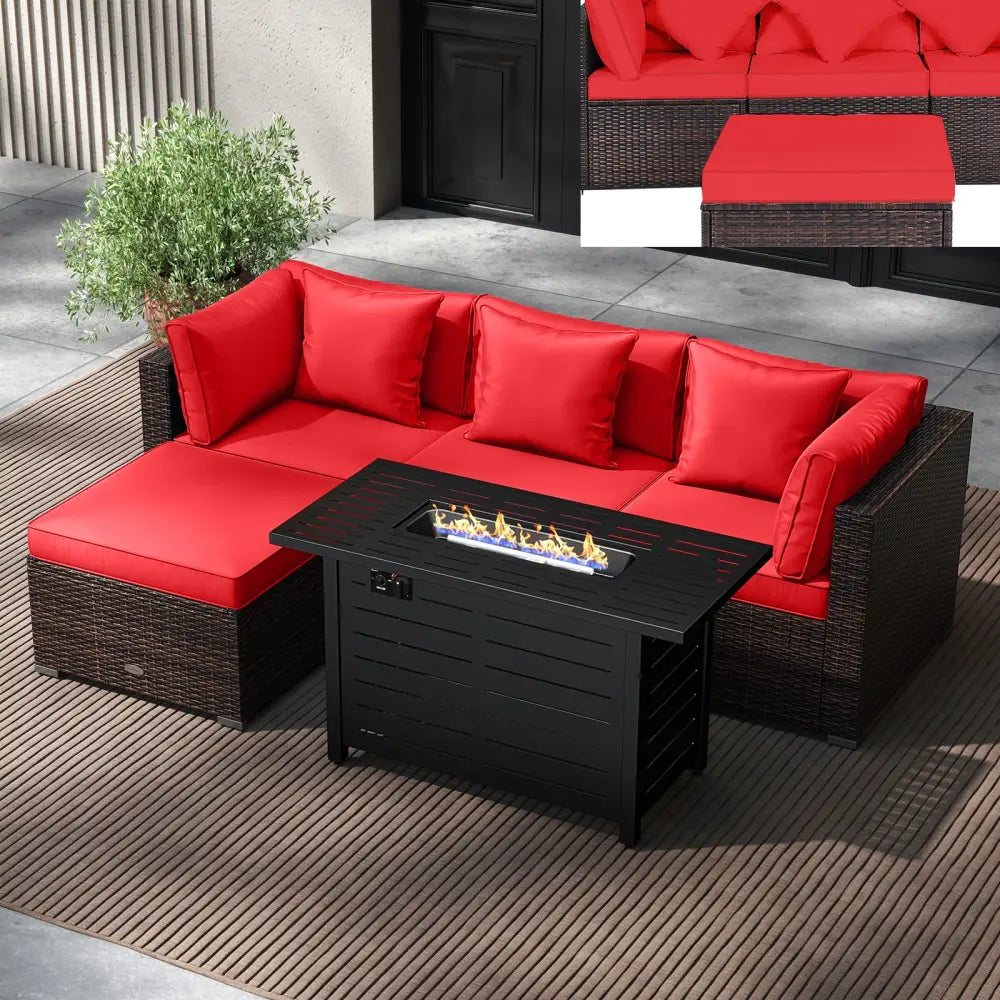 Heavy-duty Frame Rattan Sofa Set with 60000 BTU Firepit Table-Red - Red - Outdoor Sectionals