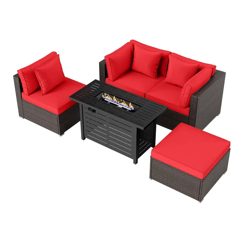 Heavy-duty Frame Rattan Sofa Set with 60000 BTU Firepit Table-Red - Red - Outdoor Sectionals