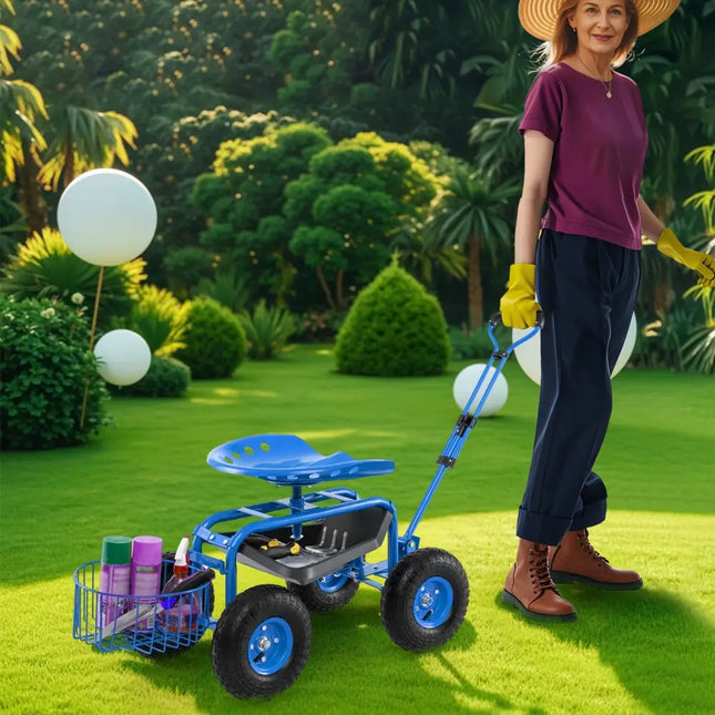 Heavy Duty Garden Cart with Tool Tray and 360 Swivel Seat-Blue - Blue - Garden Carts