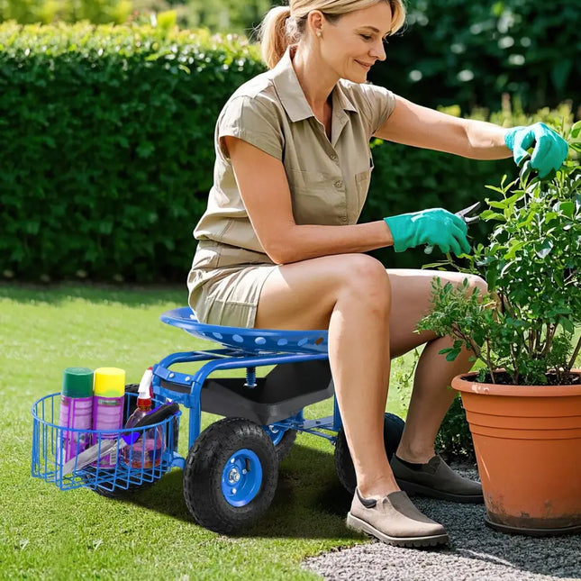 Heavy Duty Garden Cart with Tool Tray and 360 Swivel Seat-Blue - Blue - Garden Carts