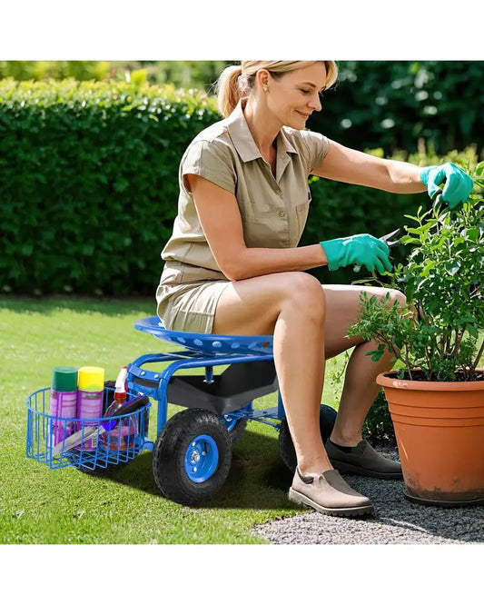 Heavy Duty Garden Cart with Tool Tray and 360 Swivel Seat-Blue - Blue - Garden Carts