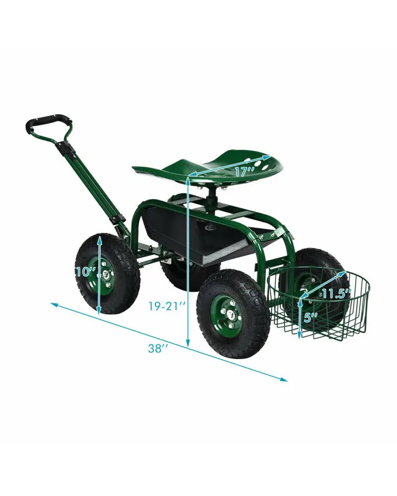Heavy Duty Garden Cart with Tool Tray and 360 Swivel Seat-Green - Green - Garden Carts
