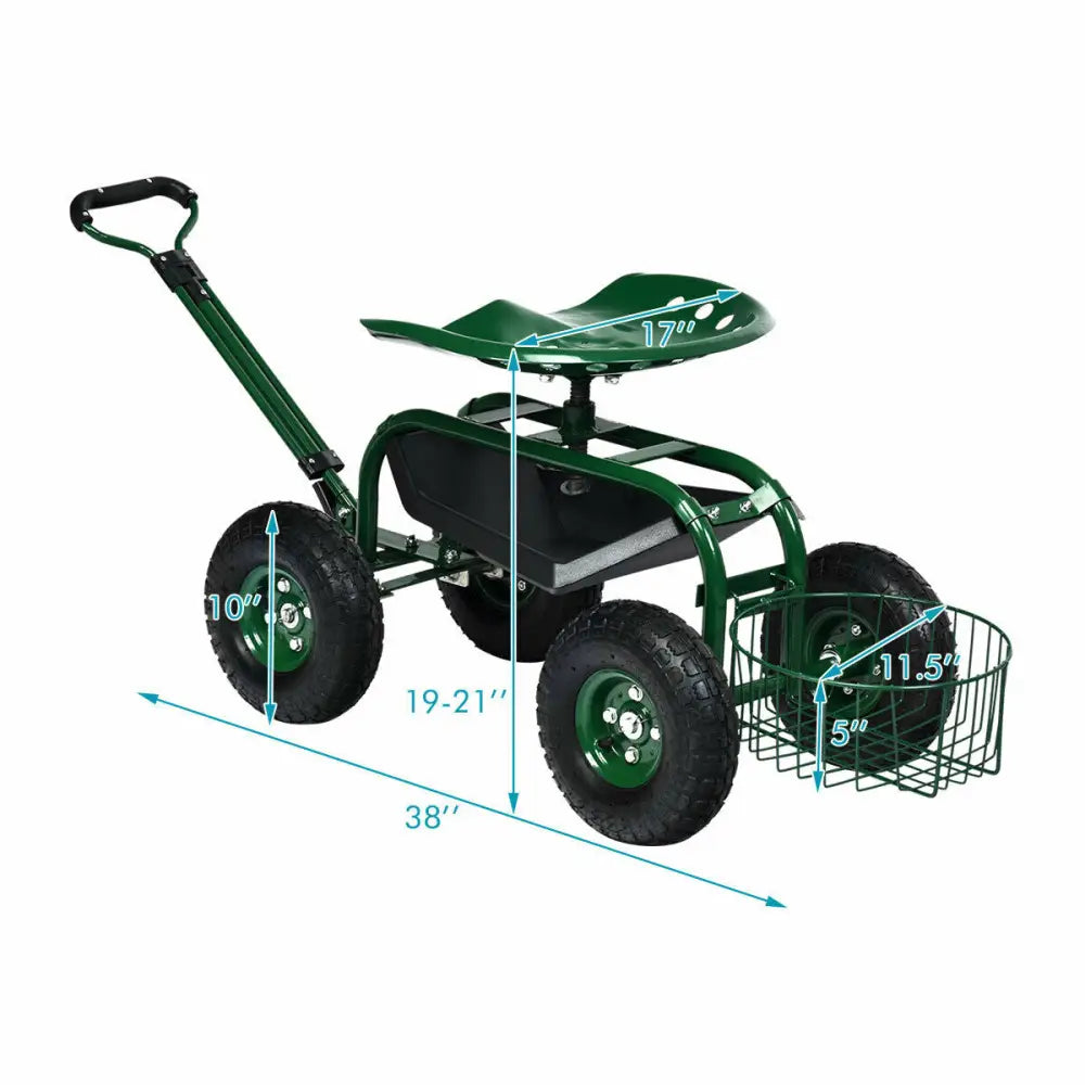 Heavy Duty Garden Cart with Tool Tray and 360 Swivel Seat-Green - Green - Garden Carts
