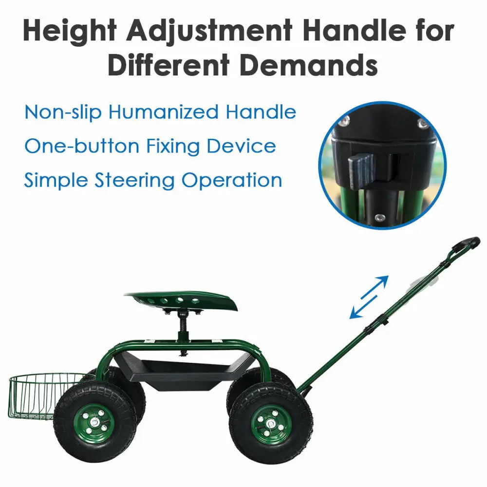 Heavy Duty Garden Cart with Tool Tray and 360 Swivel Seat-Green - Green - Garden Carts