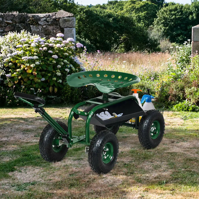 Heavy Duty Garden Cart with Tool Tray and 360 Swivel Seat-Green - Green - Garden Carts