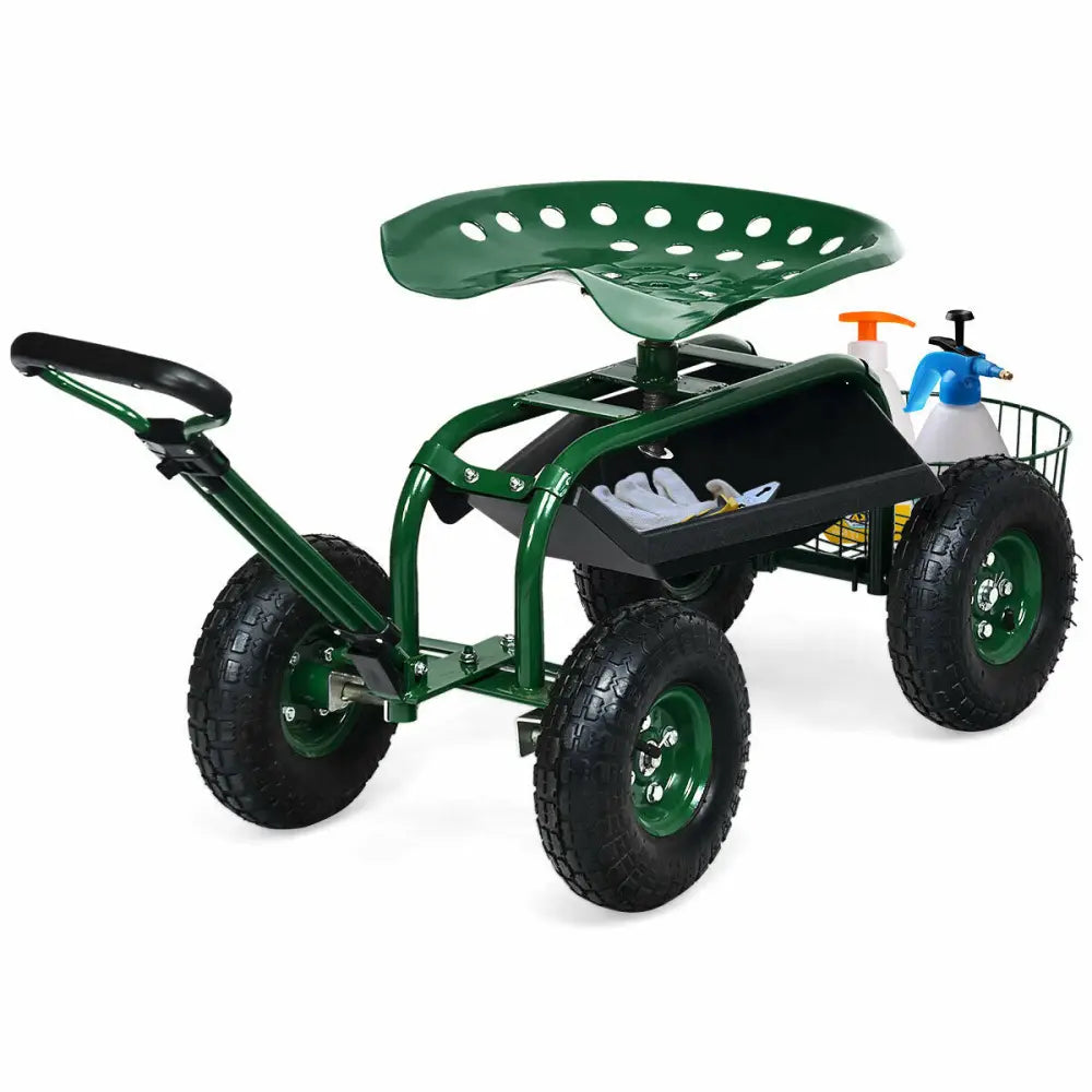 Heavy Duty Garden Cart with Tool Tray and 360 Swivel Seat-Green - Green - Garden Carts