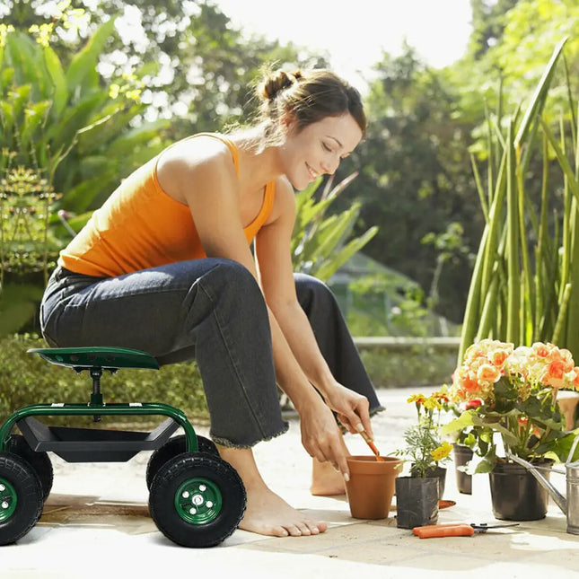 Heavy Duty Garden Cart with Tool Tray and 360 Swivel Seat-Green - Green - Garden Carts
