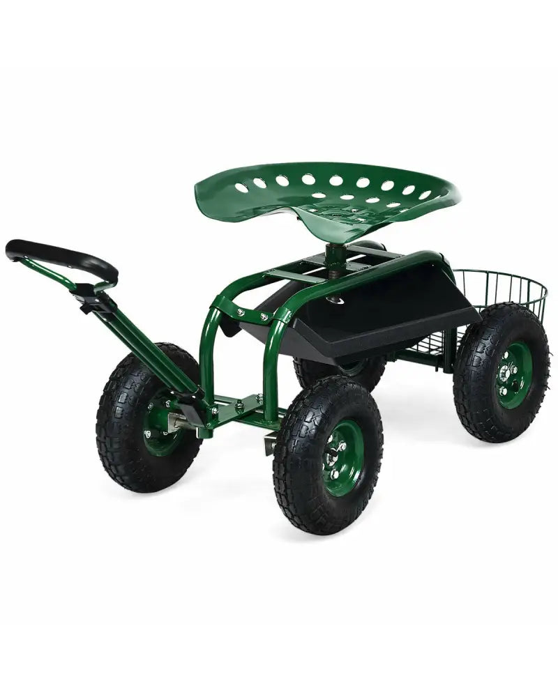 Heavy Duty Garden Cart with Tool Tray and 360 Swivel Seat-Green - Green - Garden Carts