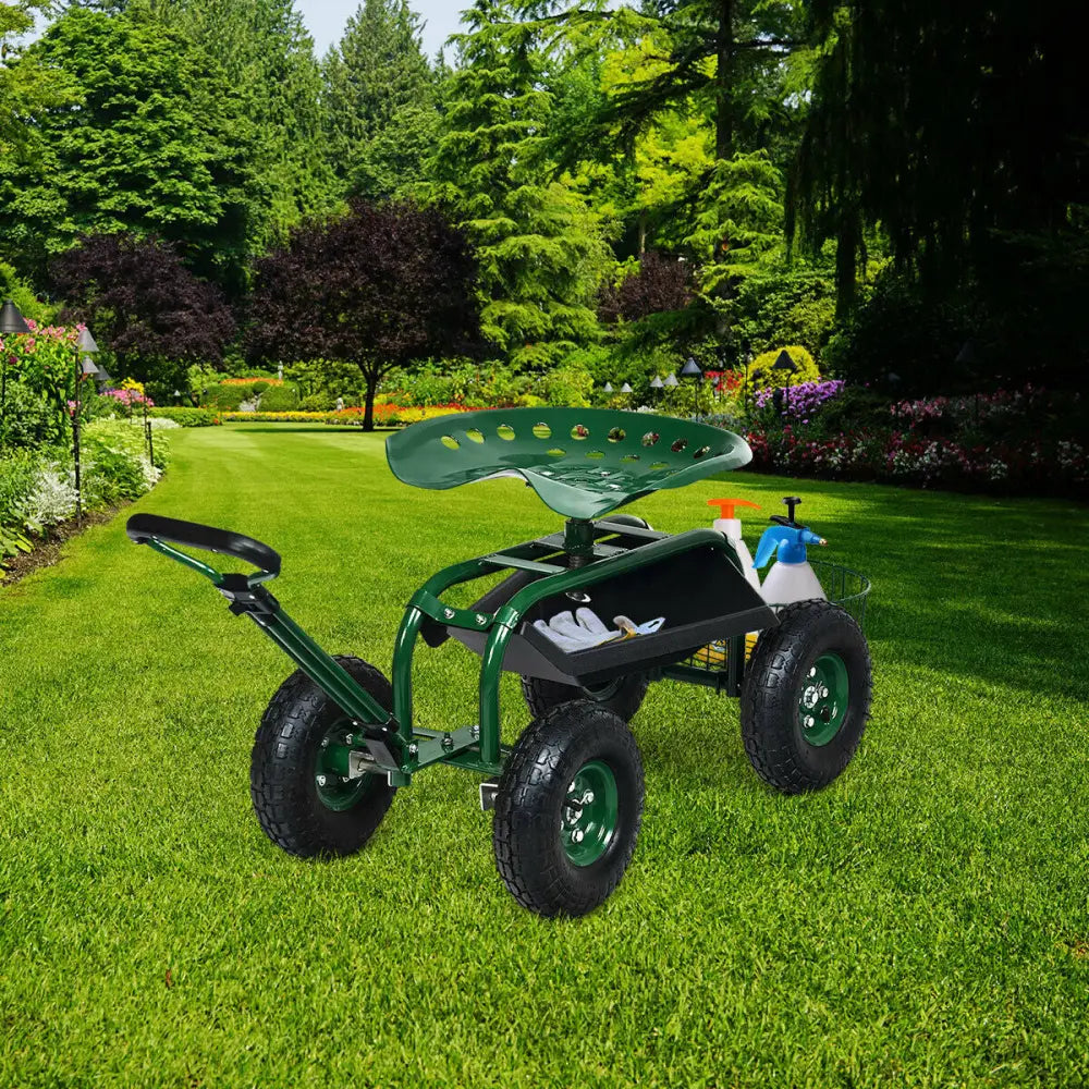 Heavy Duty Garden Cart with Tool Tray and 360 Swivel Seat-Green - Green - Garden Carts