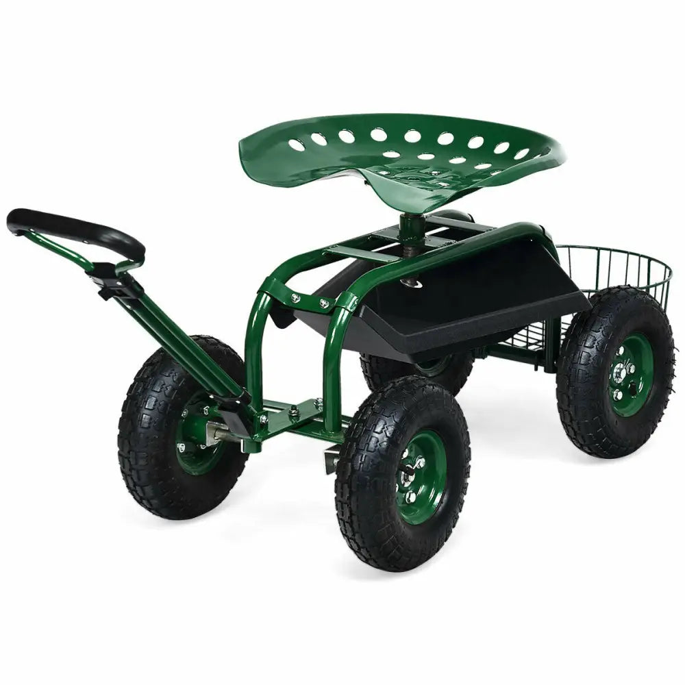 Heavy Duty Garden Cart with Tool Tray and 360 Swivel Seat-Green - Green - Garden Carts