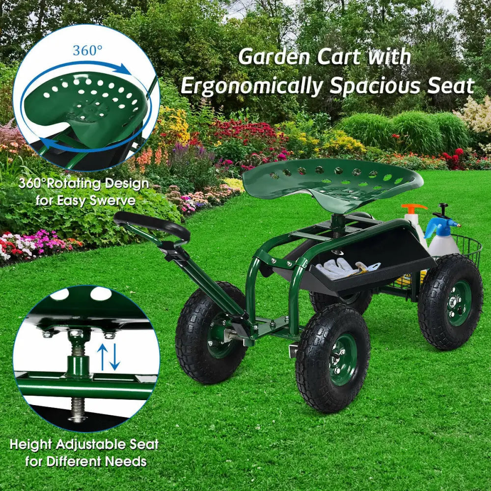 Heavy Duty Garden Cart with Tool Tray and 360 Swivel Seat-Green - Green - Garden Carts