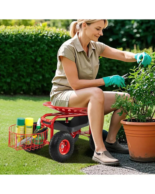Heavy Duty Garden Cart with Tool Tray and 360 Swivel Seat-Red - Red - Garden Carts