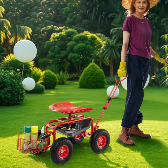 Heavy Duty Garden Cart with Tool Tray and 360 Swivel Seat-Red - Red - Garden Carts