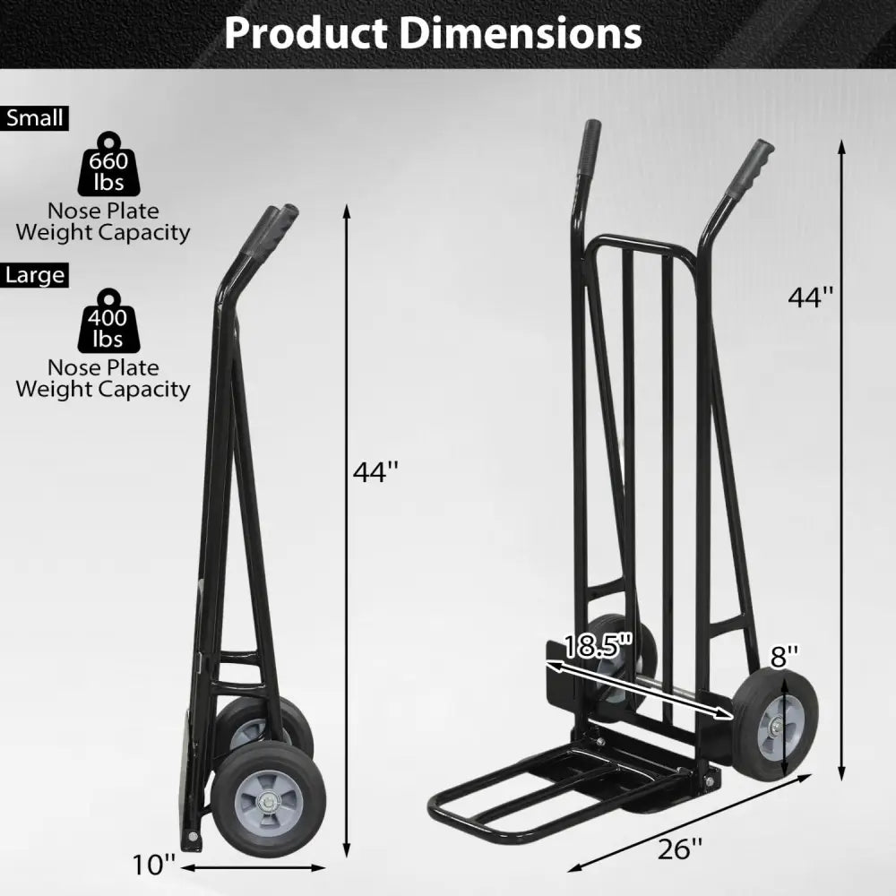Heavy Duty Hand Truck Dolly with Dual Foldable Nose Plates-Black - Black - Garages