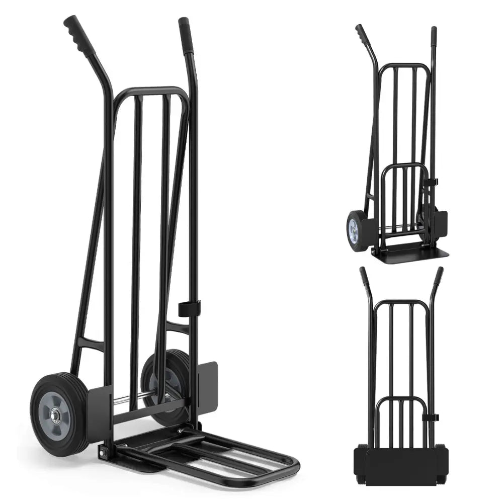 Heavy Duty Hand Truck Dolly with Dual Foldable Nose Plates-Black - Black - Garages