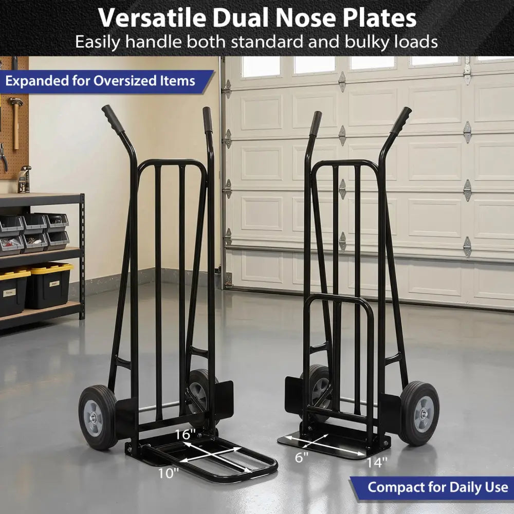 Heavy Duty Hand Truck Dolly with Dual Foldable Nose Plates-Black - Black - Garages