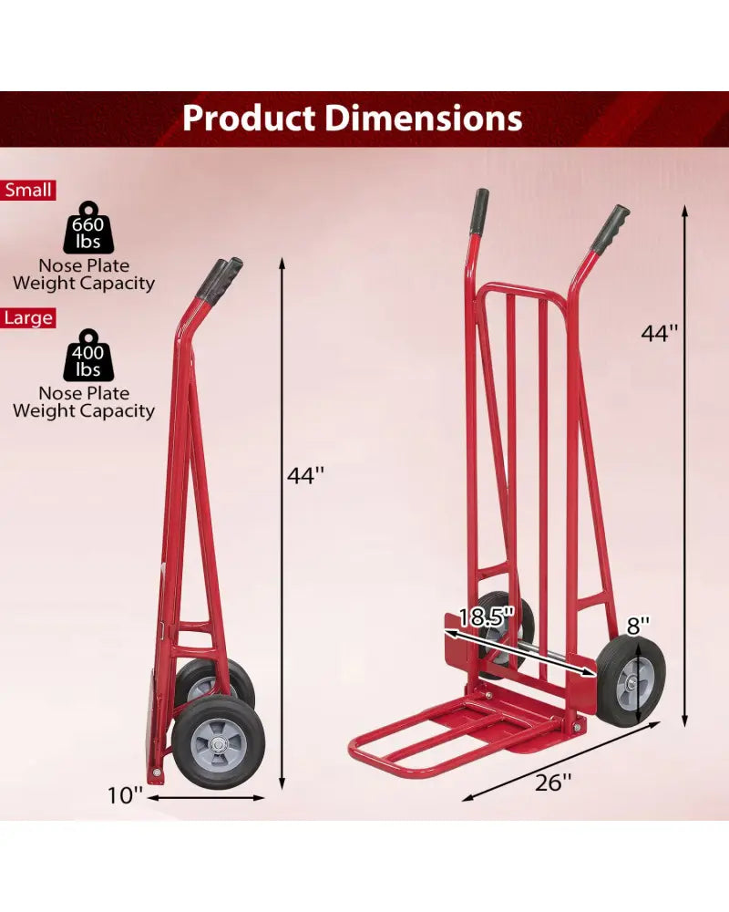 Heavy Duty Hand Truck Dolly with Dual Foldable Nose Plates-Red - Red - Garages