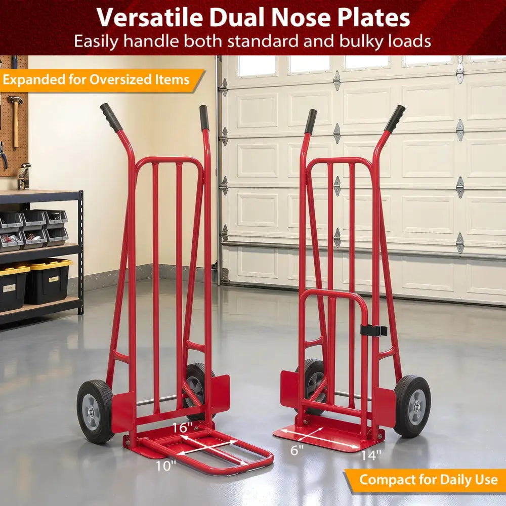 Heavy Duty Hand Truck Dolly with Dual Foldable Nose Plates-Red - Red - Garages