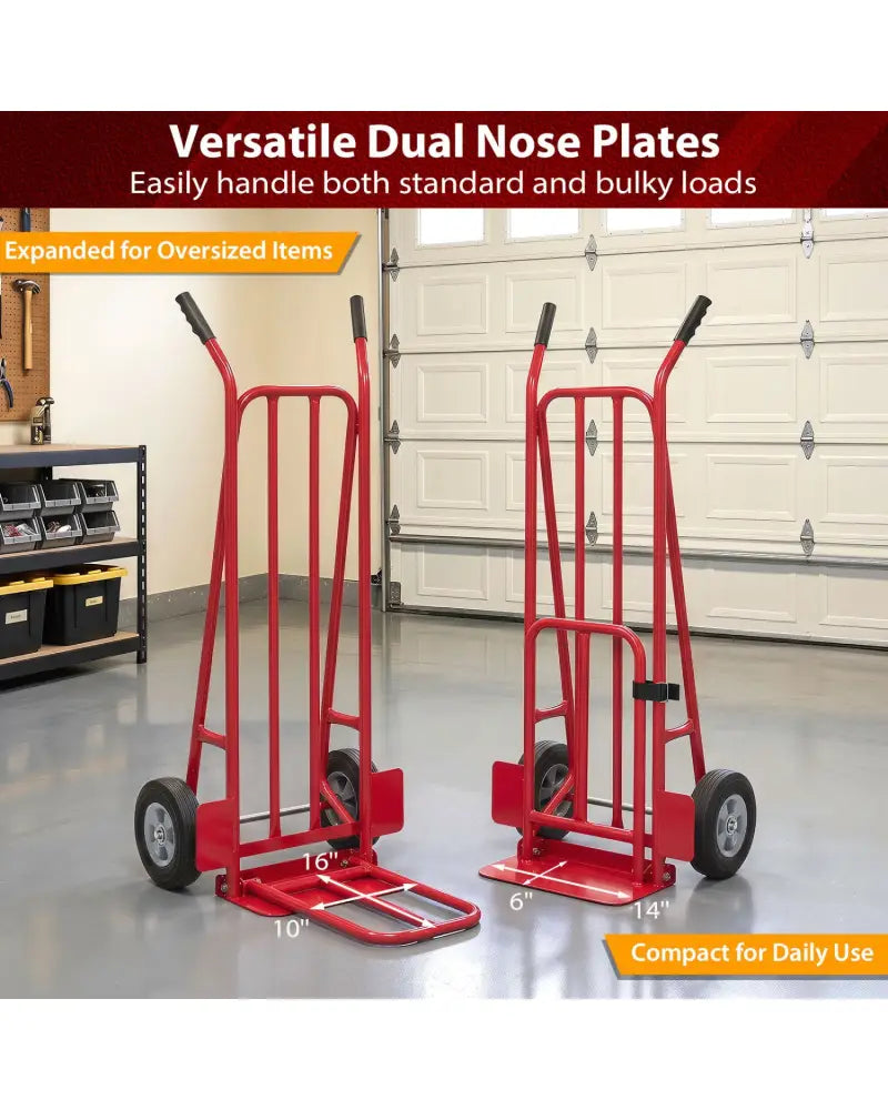 Heavy Duty Hand Truck Dolly with Dual Foldable Nose Plates-Red - Red - Garages