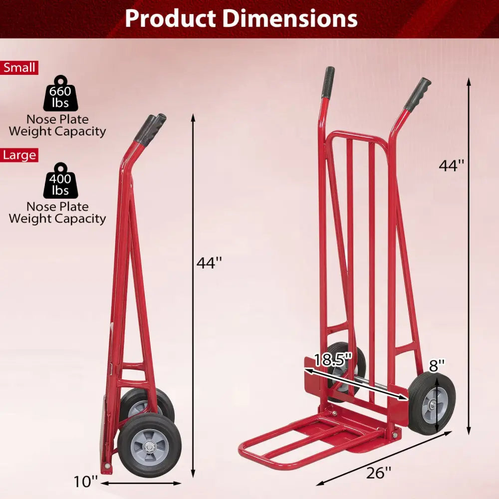 Heavy Duty Hand Truck Dolly with Dual Foldable Nose Plates-Red - Red - Garages