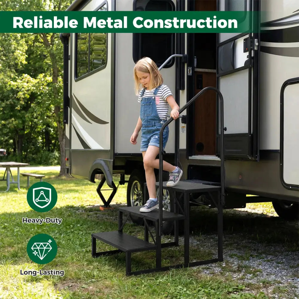 Heavy Duty Hot Tub Stair with Wide Anti-Slip Platforms for Porch and Mobile Home-Black - Black - Ladders